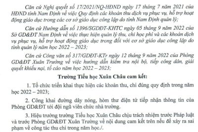 Cam kết về việc thu chi đúng theo quy định năm học 2022 – 2023 và công khai số điện thoại đường dây nóng, hòm thư điện tử tiếp nhận thông tin của Phòng Giáo dục – Đào tạo Xuân Trường